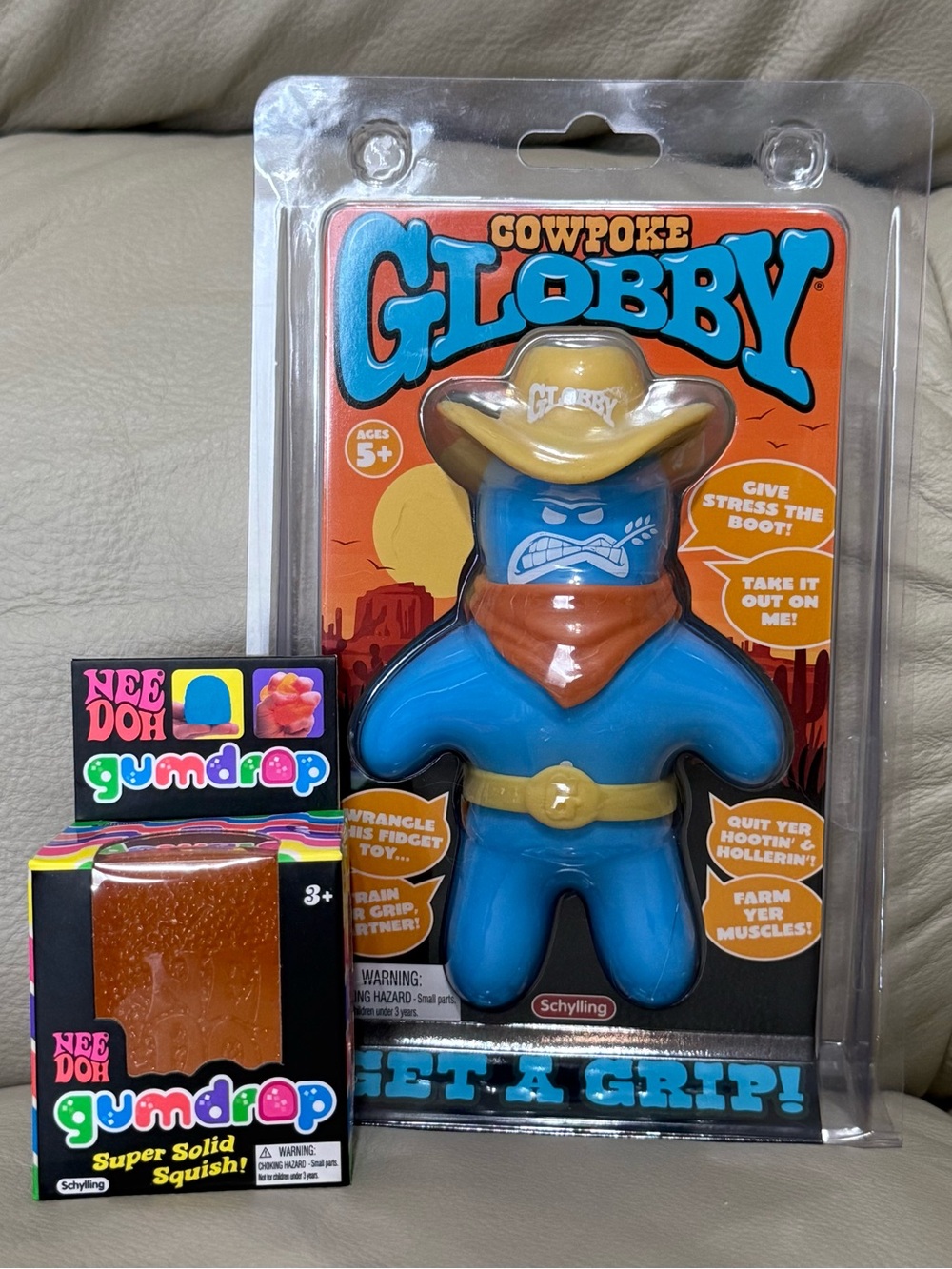NEW Needoh Orange Gumdrop & Schylling Blue Cowpoke Globby Sugar Squishy Barnyard